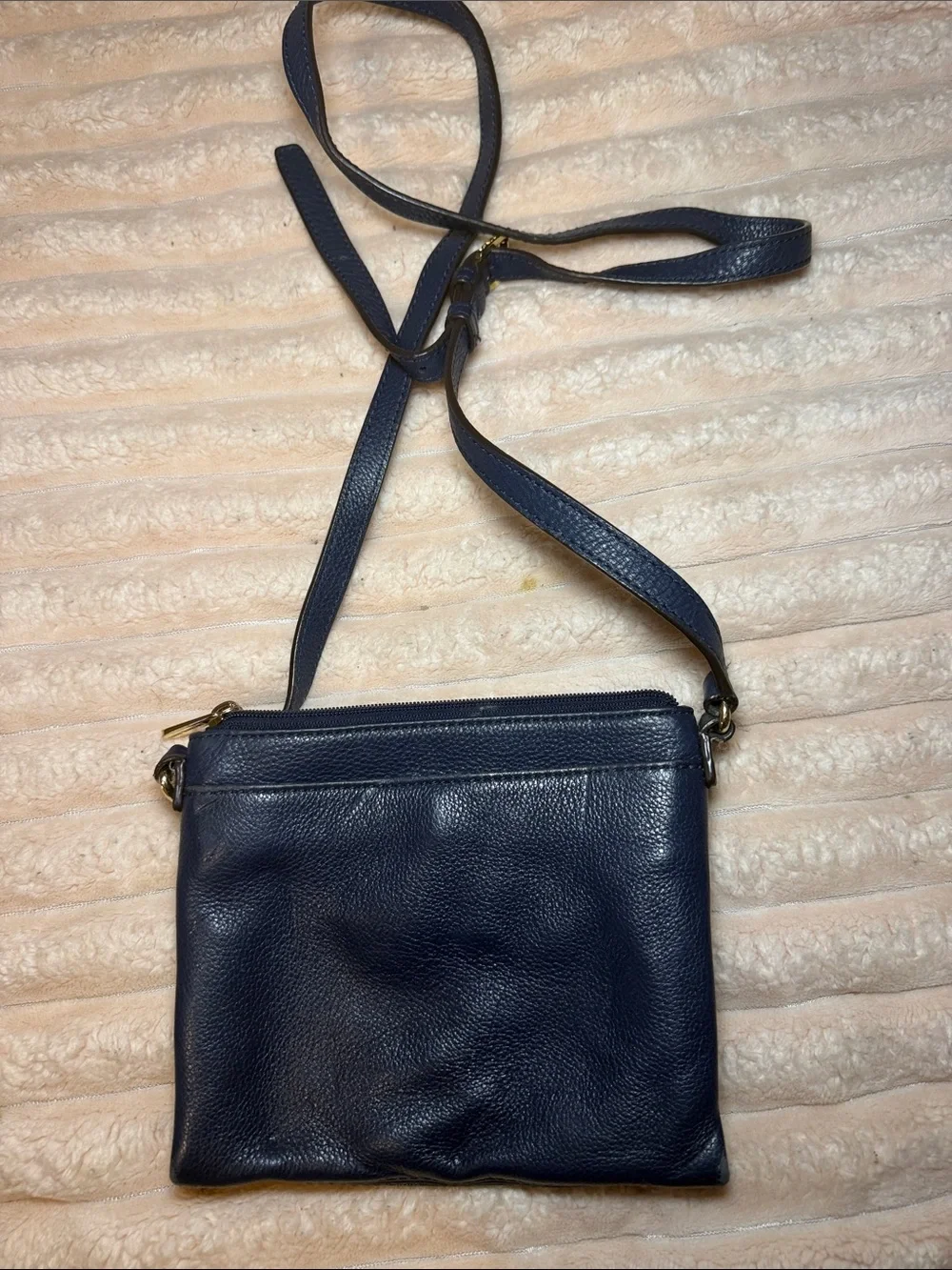 Michael Kors Navy Pebbled Leather Crossbody with Gold MK Emblem